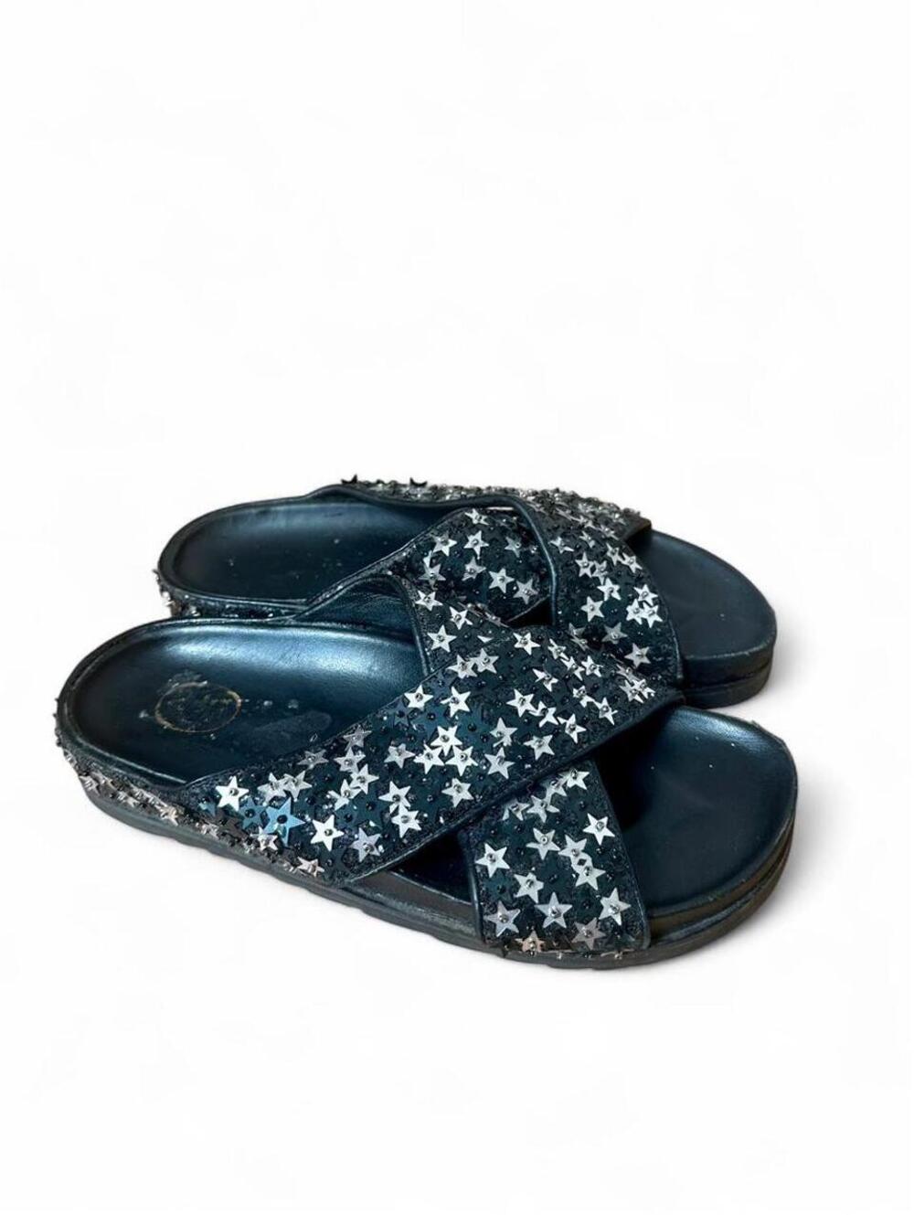 Ash Uranus Black slides with silver star pattern sequin & beads EU 38 US 7.5/8
